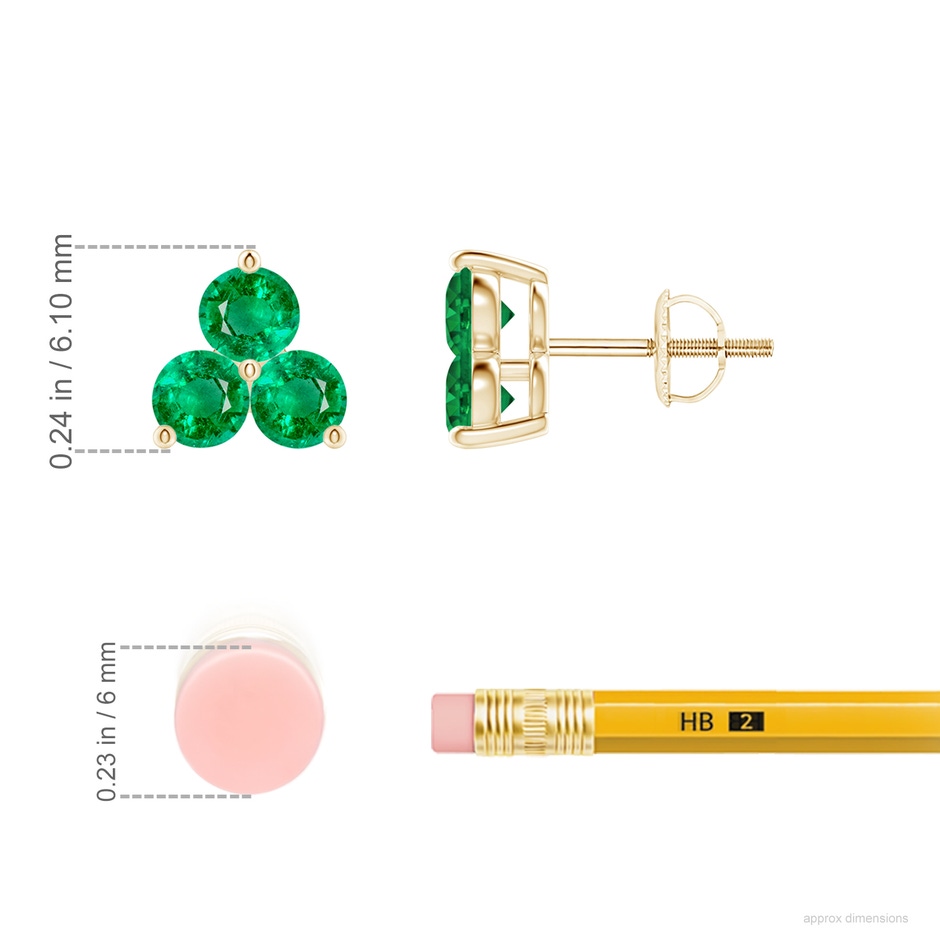 2.5mm AAA Round Emerald Three Stone Stud Earrings in Yellow Gold ruler