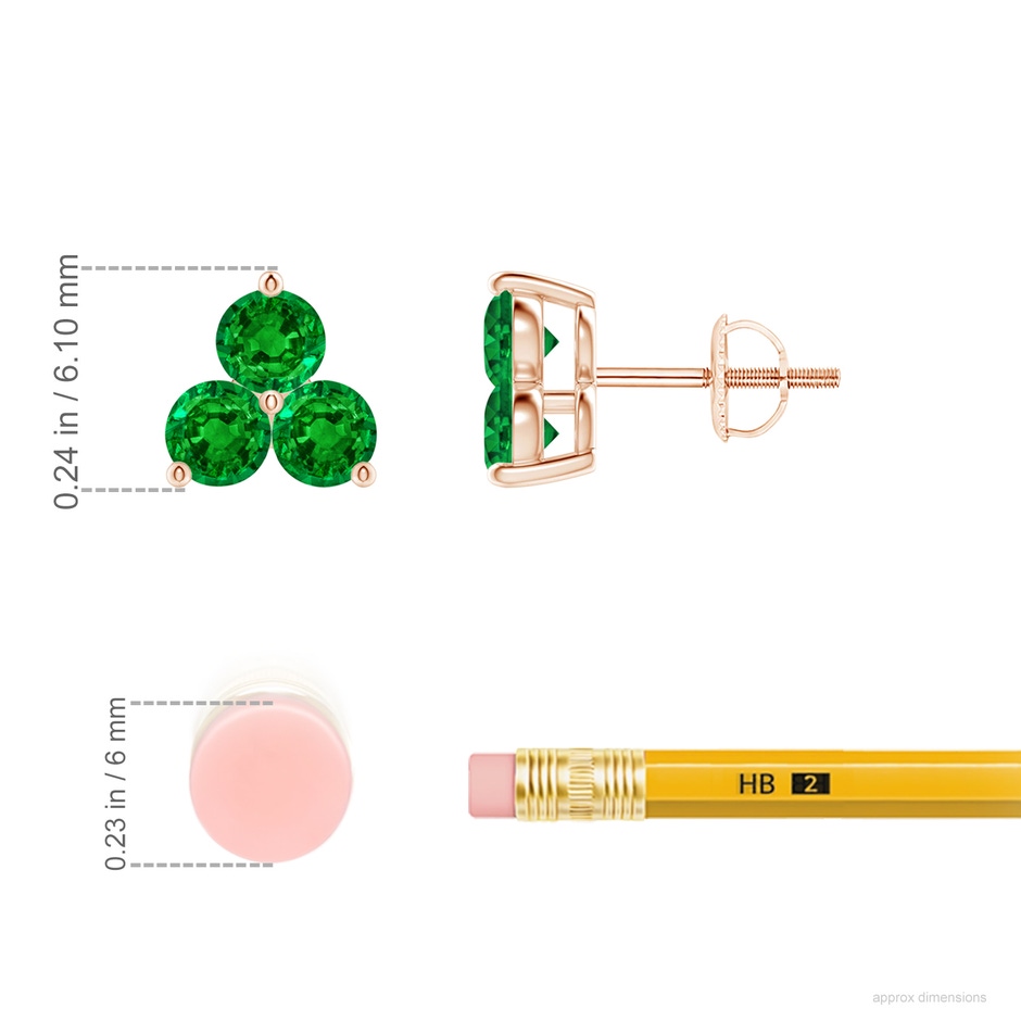 2.5mm AAAA Round Emerald Three Stone Stud Earrings in Rose Gold ruler