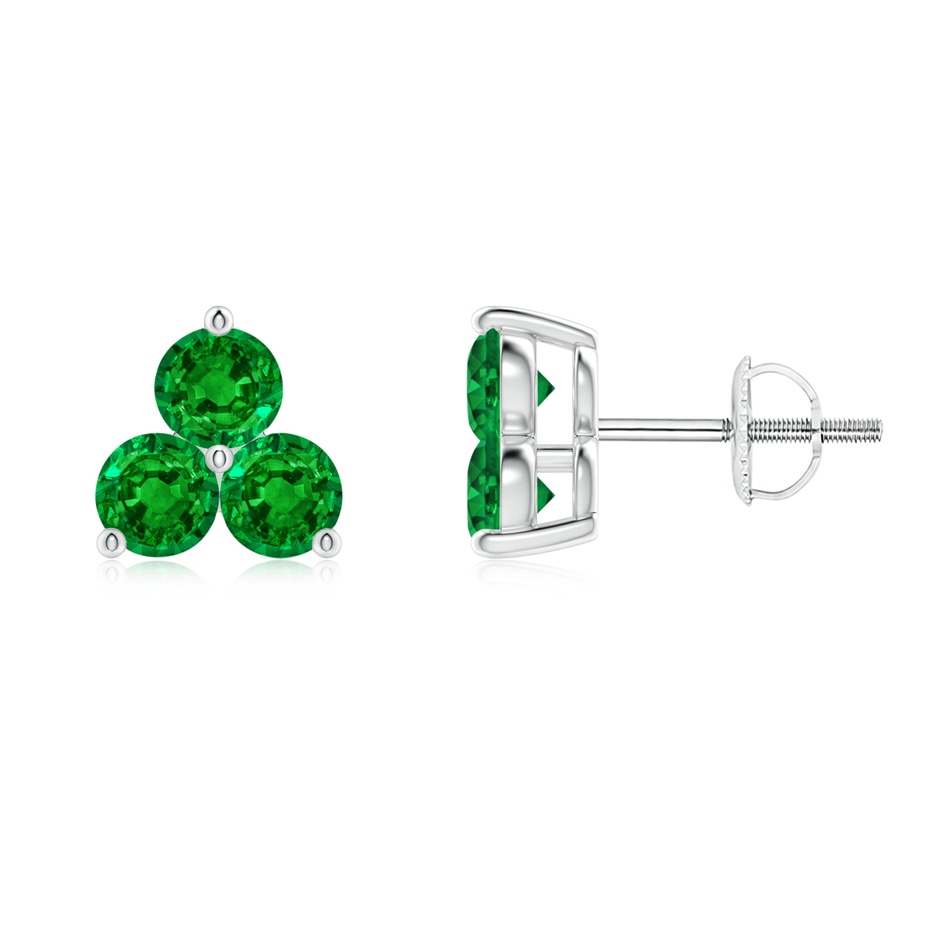 2.5mm AAAA Round Emerald Three Stone Stud Earrings in White Gold 