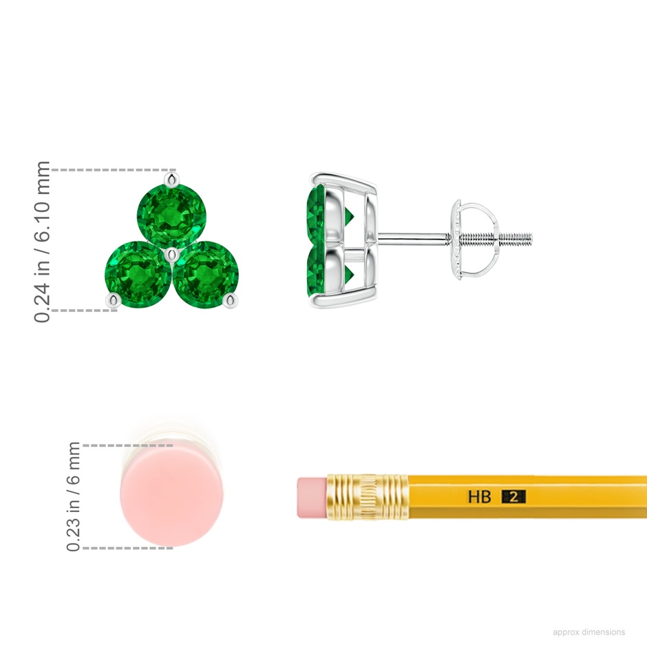2.5mm AAAA Round Emerald Three Stone Stud Earrings in White Gold ruler