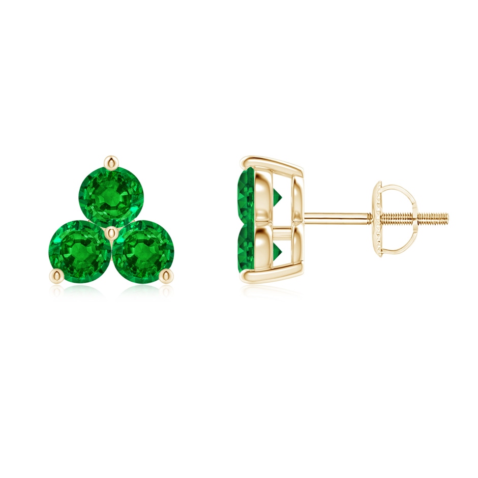 2.5mm AAAA Round Emerald Three Stone Stud Earrings in Yellow Gold 