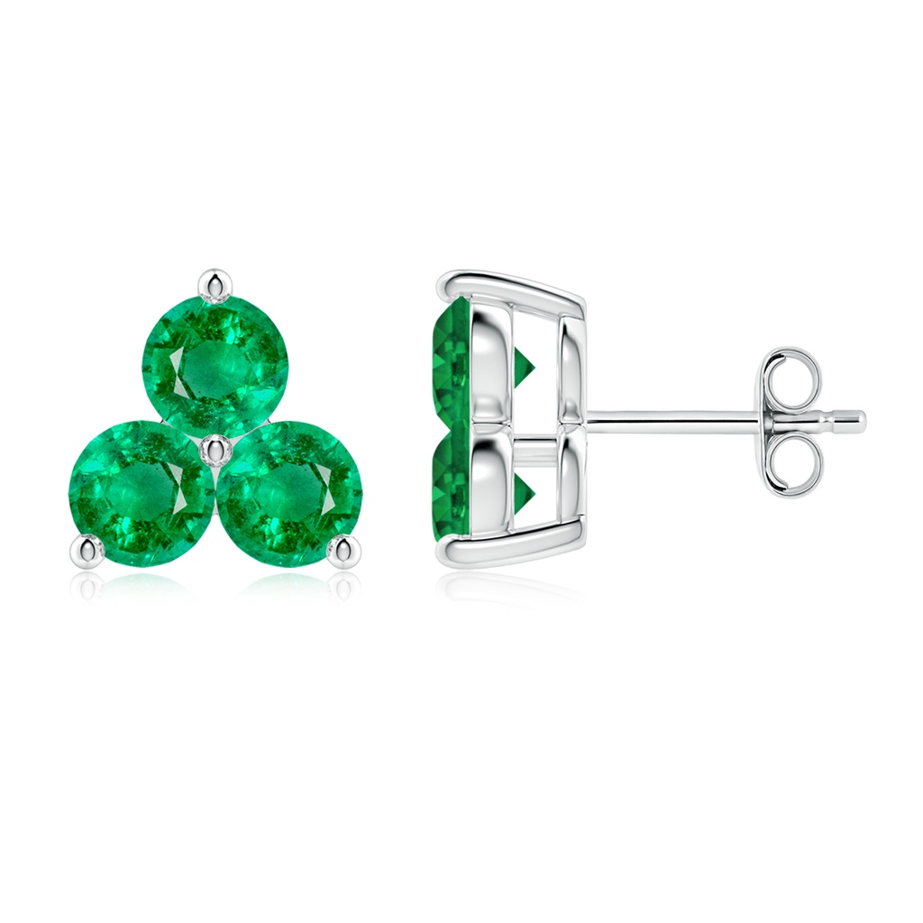 4.5mm AAA Round Emerald Three Stone Stud Earrings in White Gold