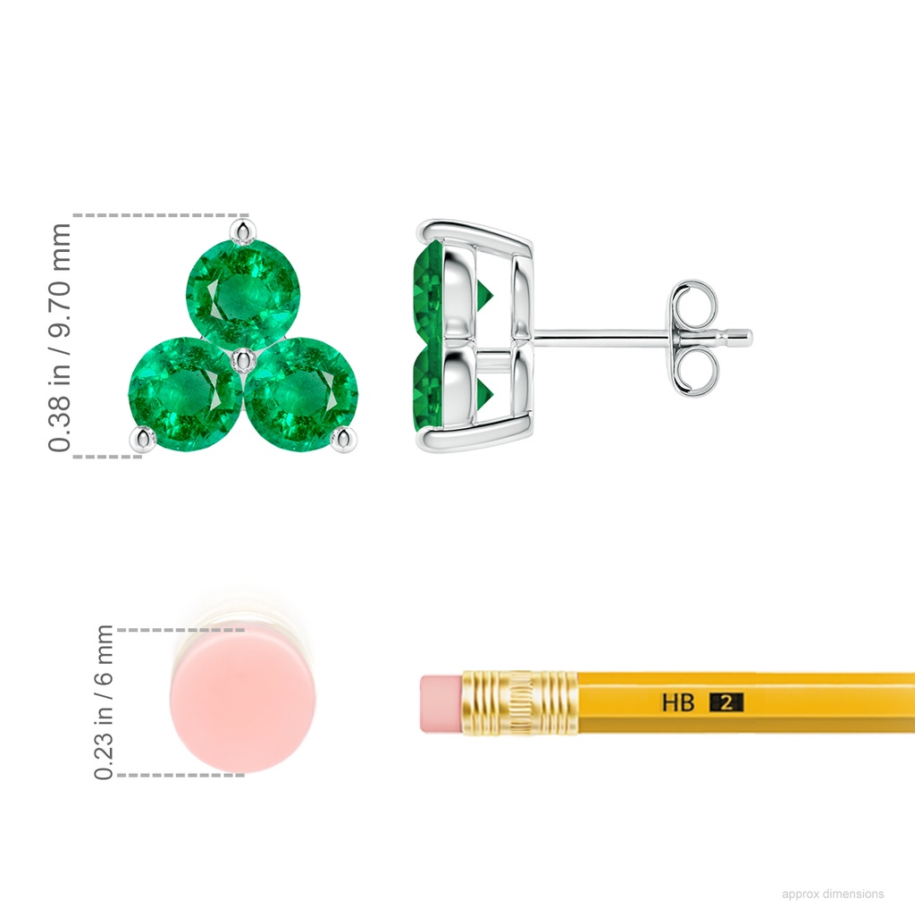4.5mm AAA Round Emerald Three Stone Stud Earrings in White Gold ruler