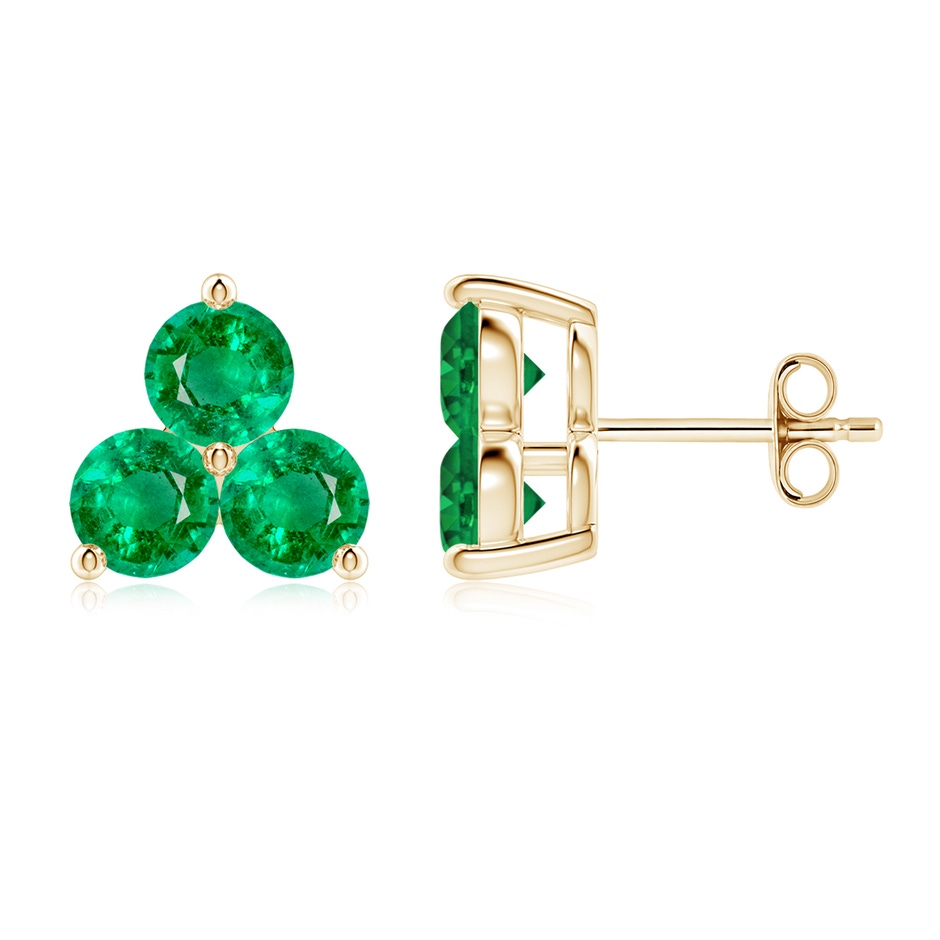 4.5mm AAA Round Emerald Three Stone Stud Earrings in Yellow Gold 