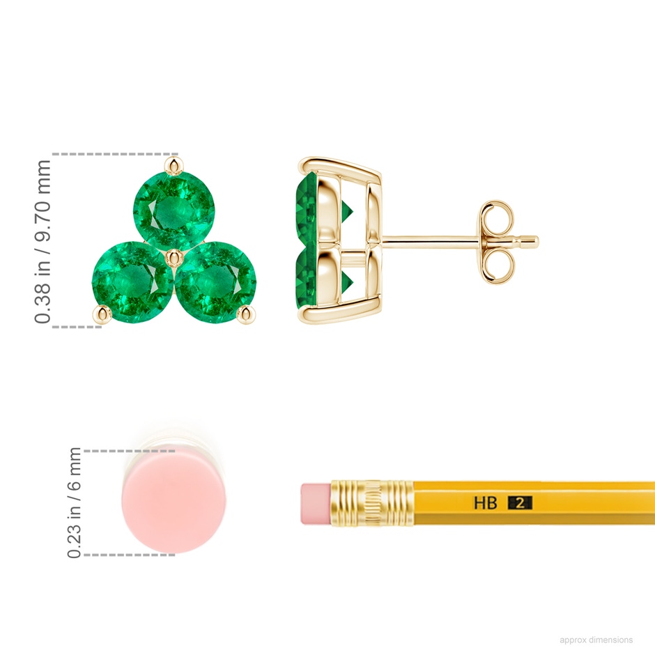4.5mm AAA Round Emerald Three Stone Stud Earrings in Yellow Gold ruler