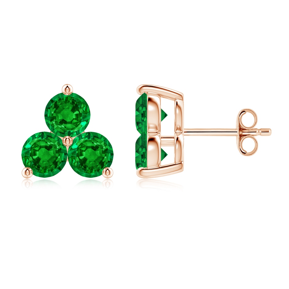 4.5mm AAAA Round Emerald Three Stone Stud Earrings in Rose Gold 
