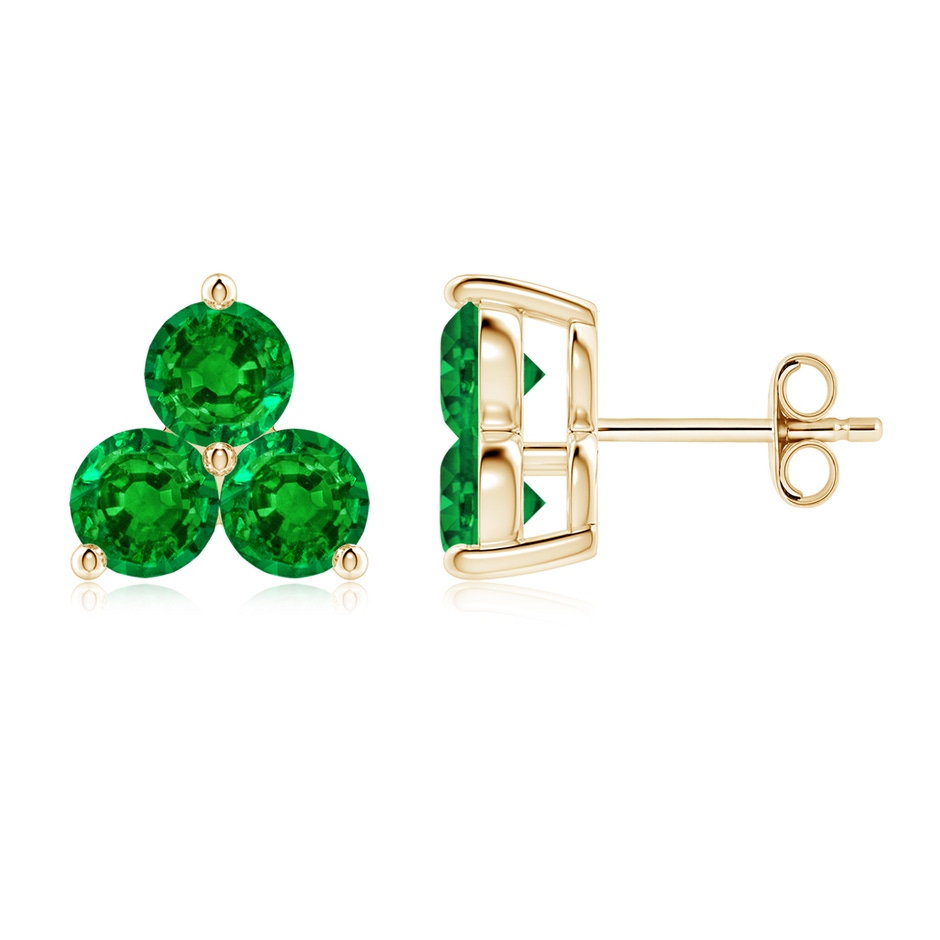 4.5mm AAAA Round Emerald Three Stone Stud Earrings in Yellow Gold 