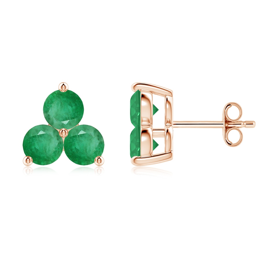4mm A Round Emerald Three Stone Stud Earrings in Rose Gold 