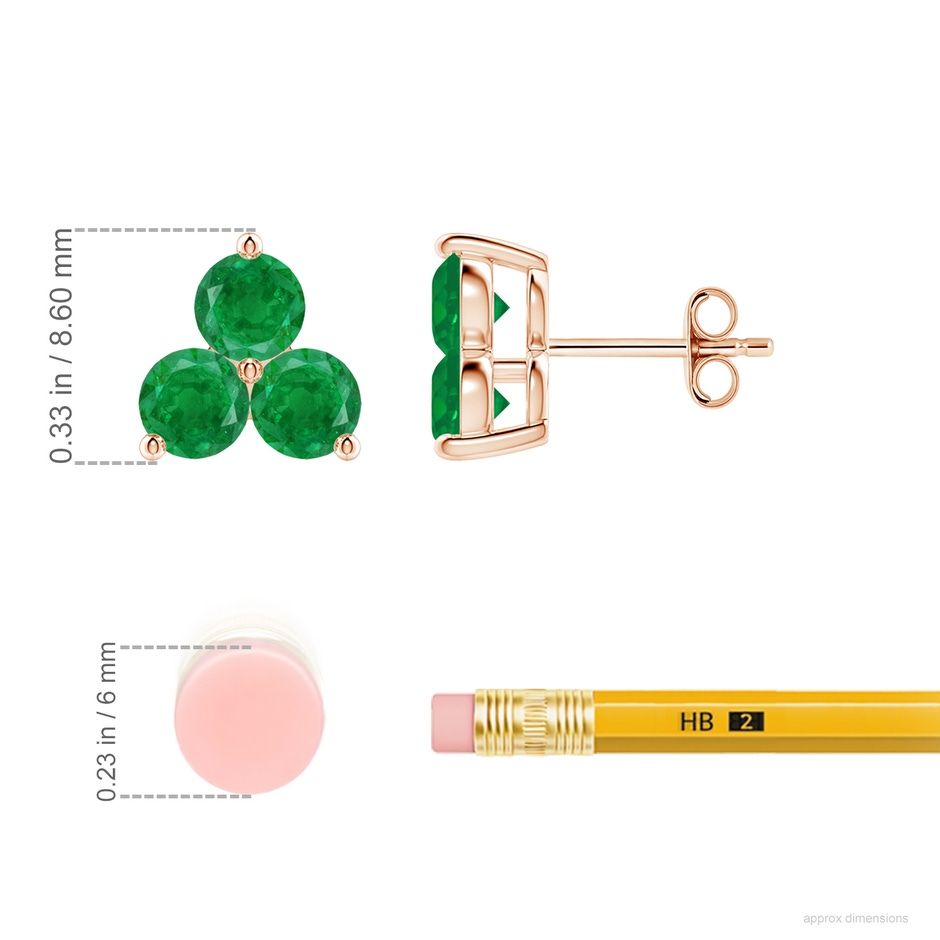 4mm AA Round Emerald Three Stone Stud Earrings in Rose Gold ruler