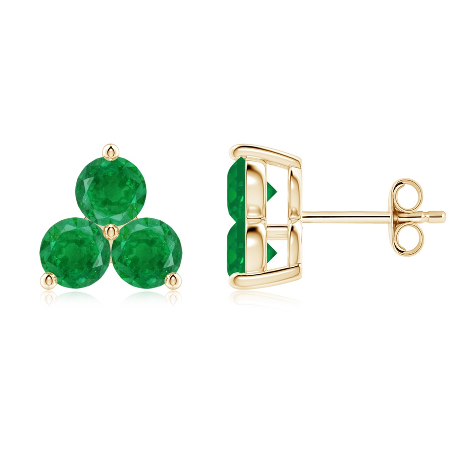 4mm AA Round Emerald Three Stone Stud Earrings in Yellow Gold 