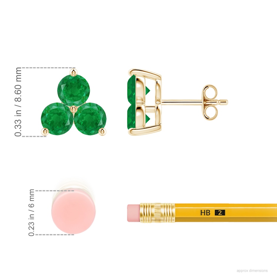 4mm AA Round Emerald Three Stone Stud Earrings in Yellow Gold ruler