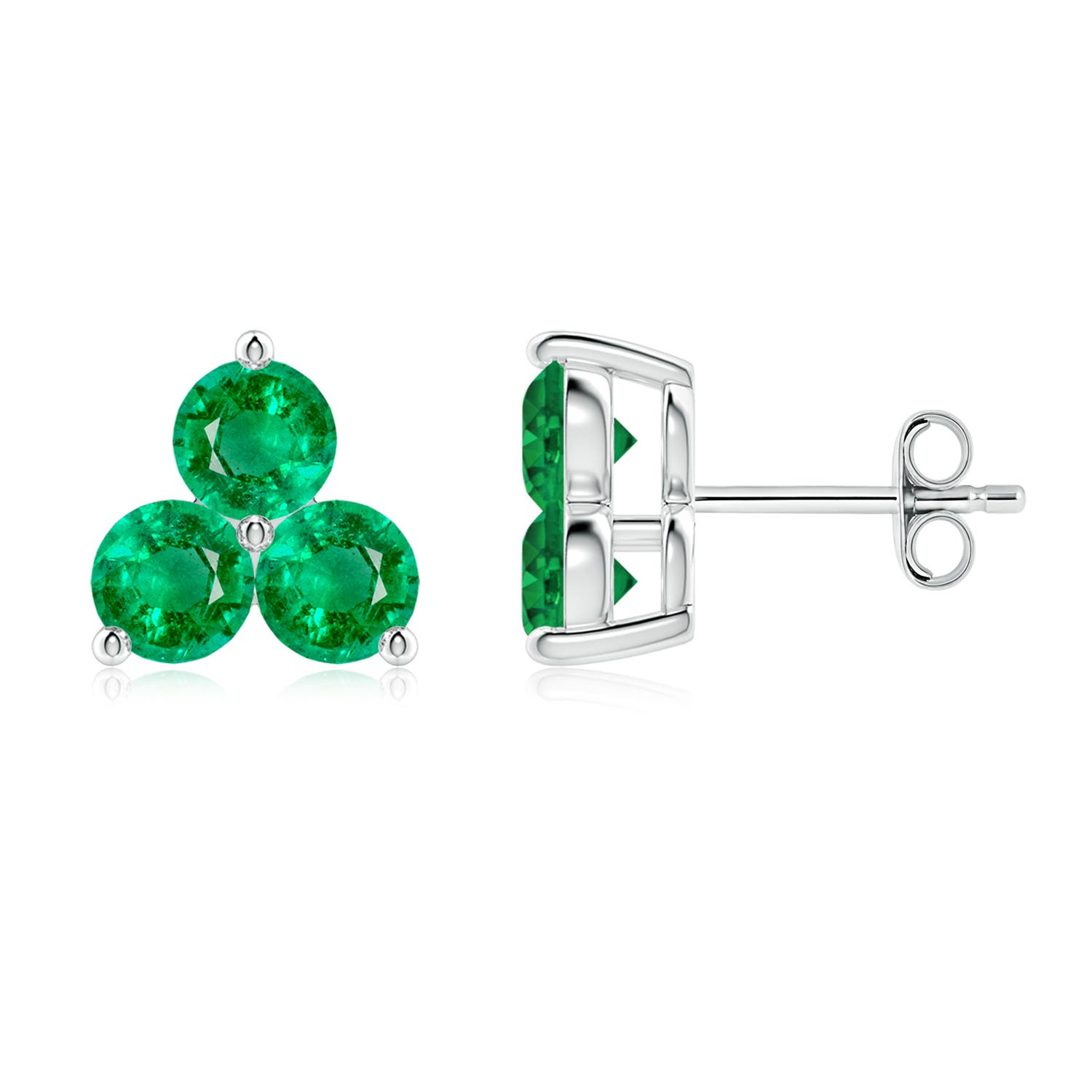 4mm AAA Round Emerald Three Stone Stud Earrings in White Gold