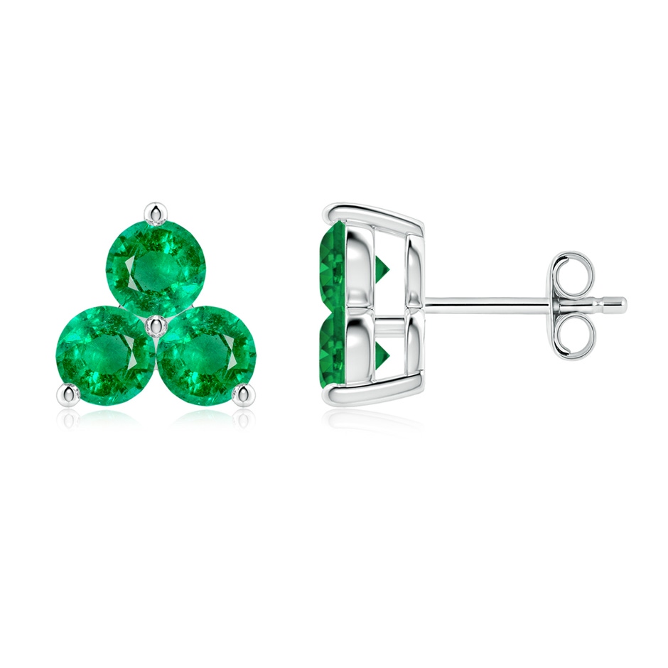 4mm AAA Round Emerald Three Stone Stud Earrings in White Gold 