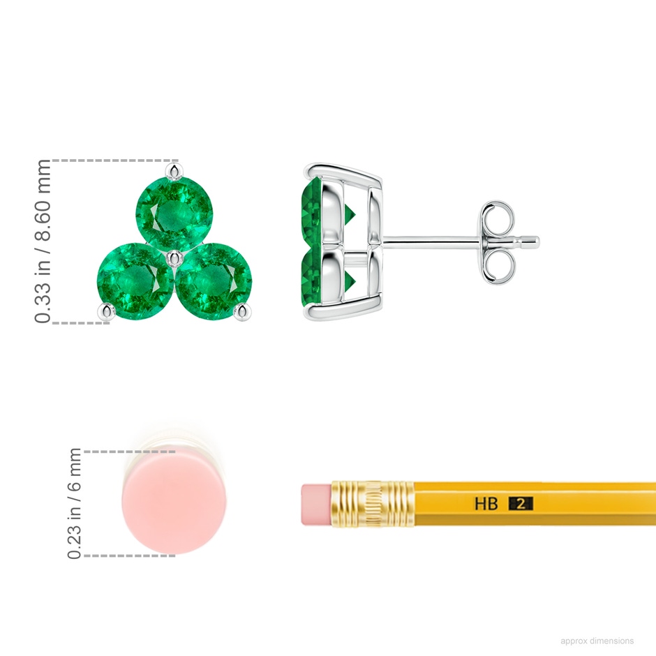 4mm AAA Round Emerald Three Stone Stud Earrings in White Gold ruler