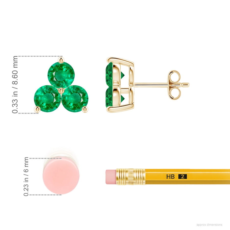 4mm AAA Round Emerald Three Stone Stud Earrings in Yellow Gold ruler