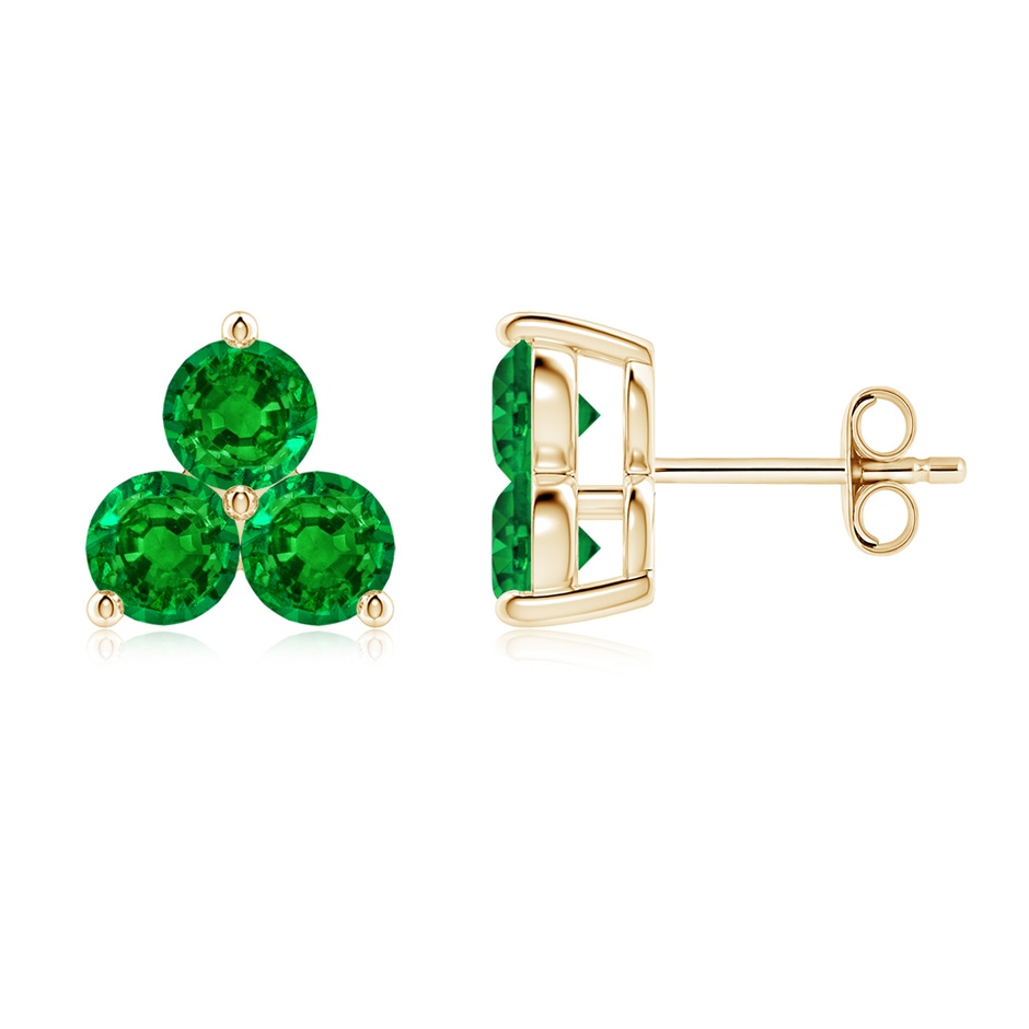 4mm AAAA Round Emerald Three Stone Stud Earrings in Yellow Gold 