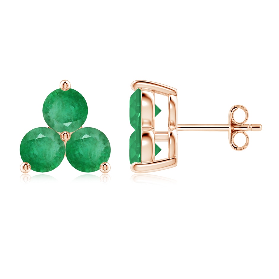 5mm A Round Emerald Three Stone Stud Earrings in Rose Gold 