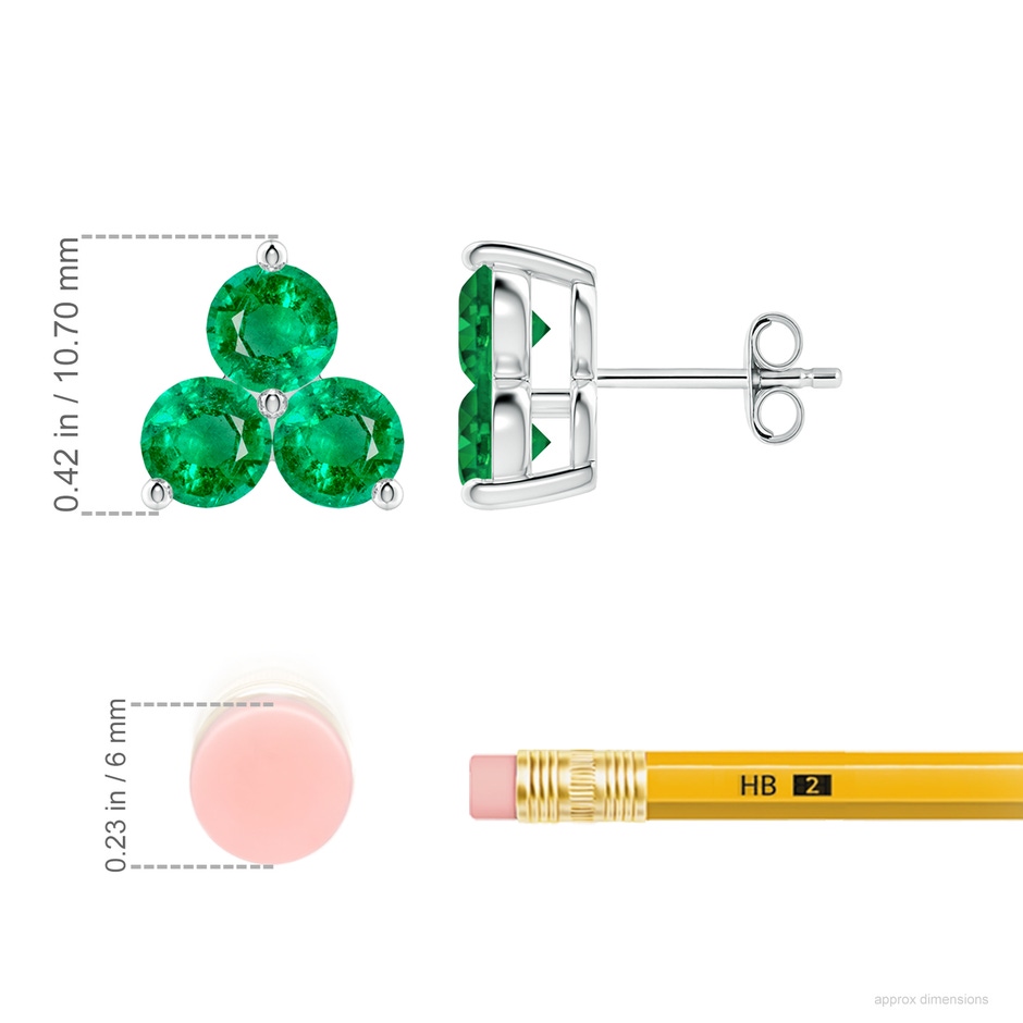 5mm AAA Round Emerald Three Stone Stud Earrings in P950 Platinum ruler