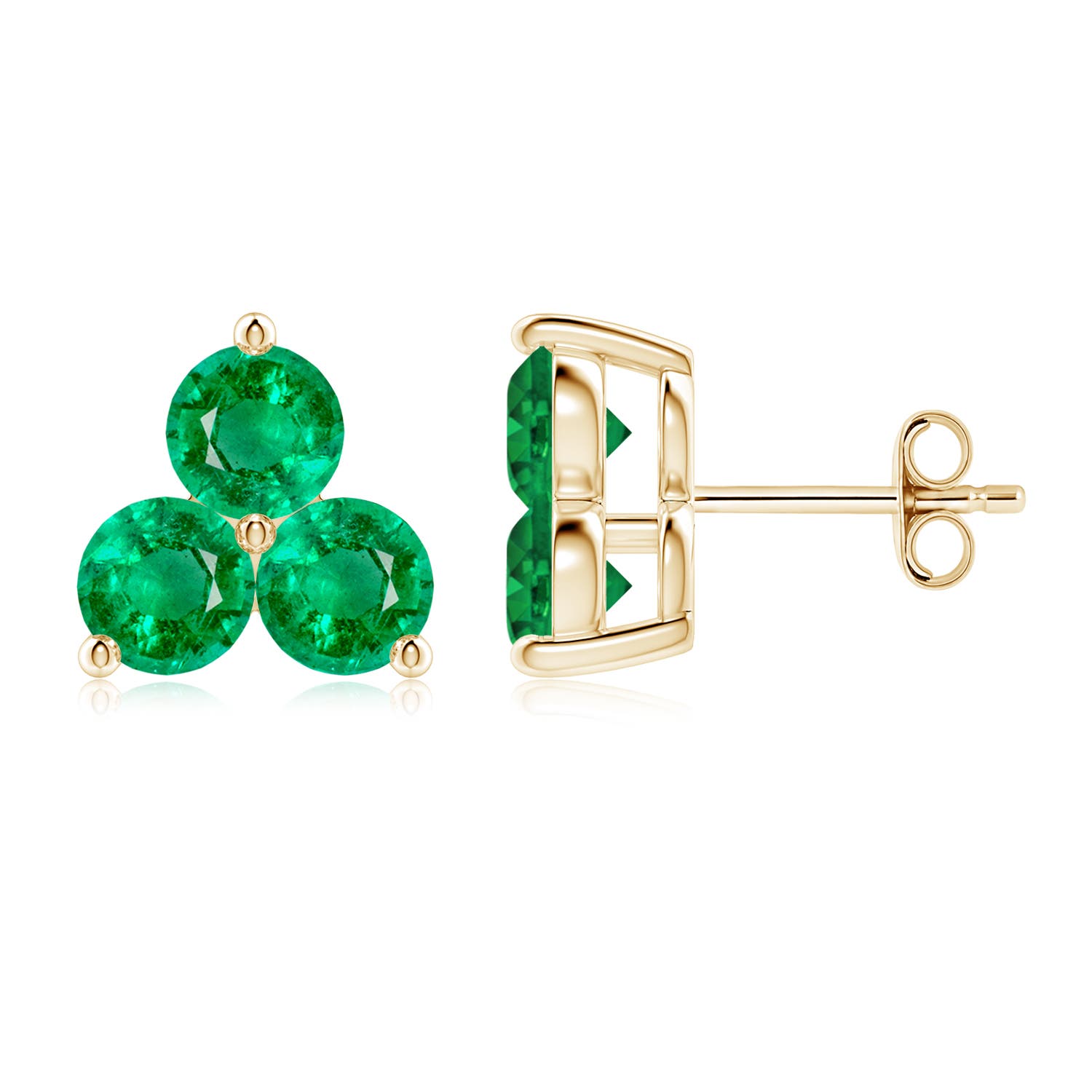 5mm AAA Round Emerald Three Stone Stud Earrings in Yellow Gold