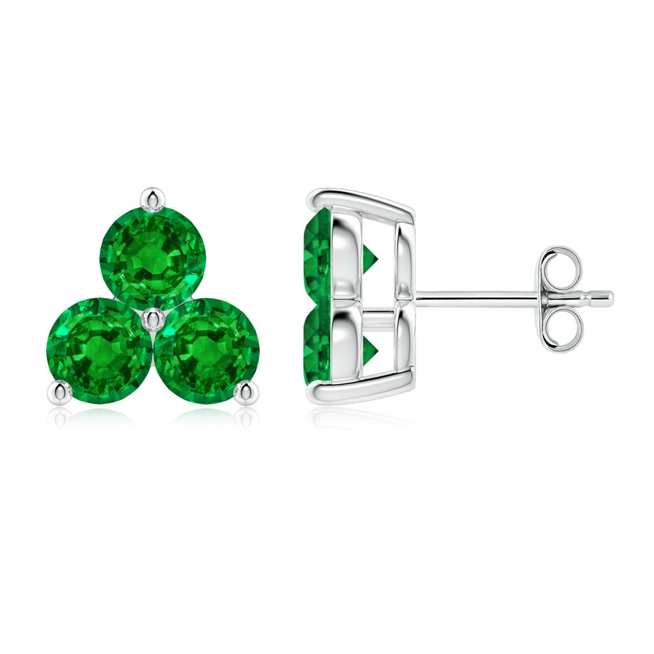 5mm AAAA Round Emerald Three Stone Stud Earrings in P950 Platinum 