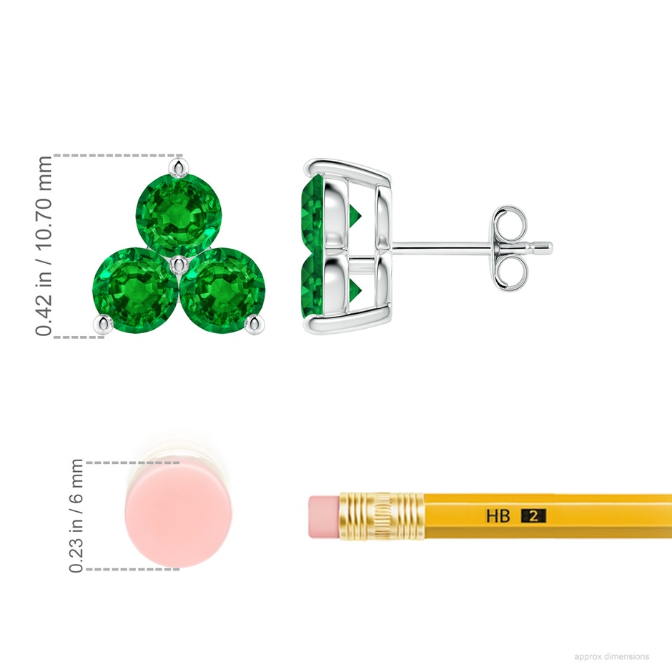5mm AAAA Round Emerald Three Stone Stud Earrings in P950 Platinum ruler