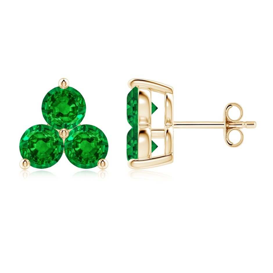 5mm AAAA Round Emerald Three Stone Stud Earrings in Yellow Gold 