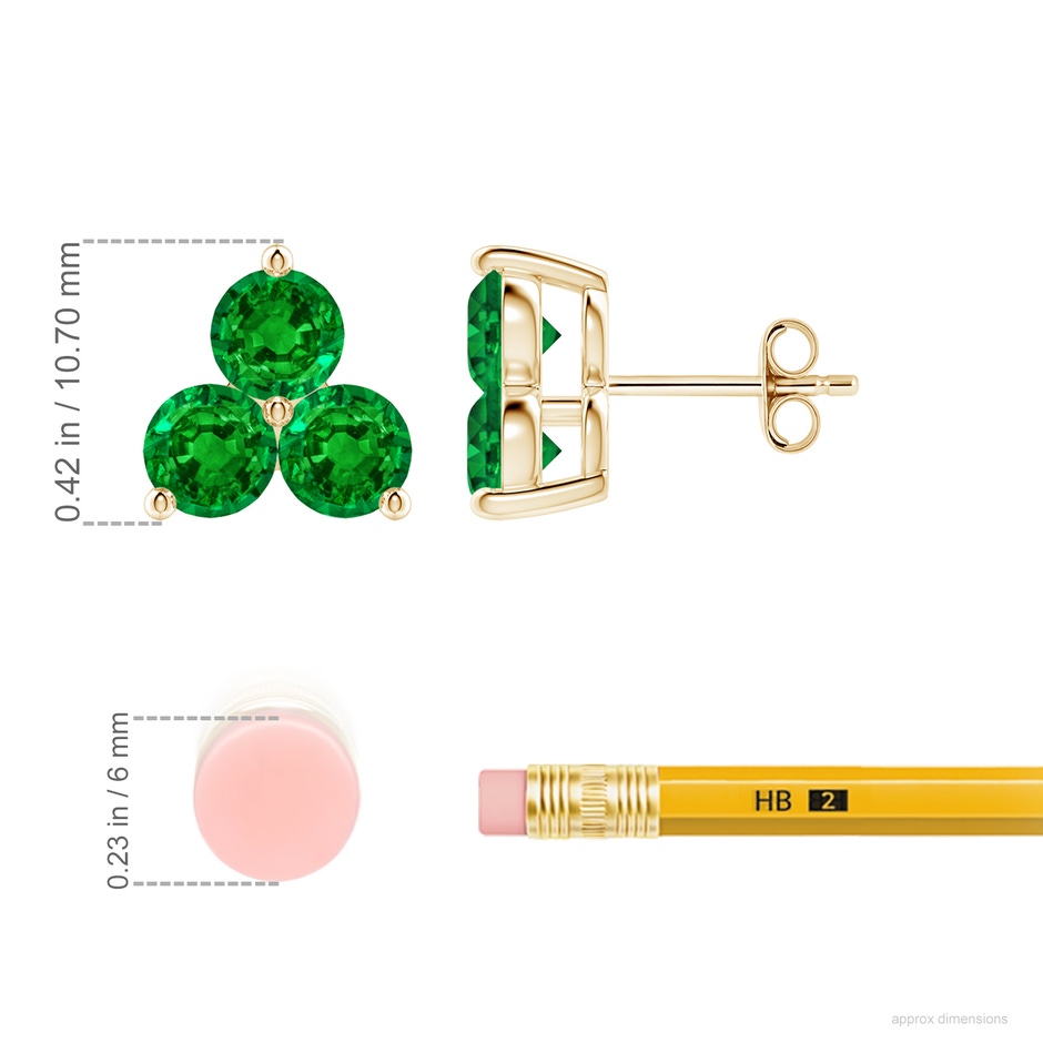 5mm AAAA Round Emerald Three Stone Stud Earrings in Yellow Gold ruler