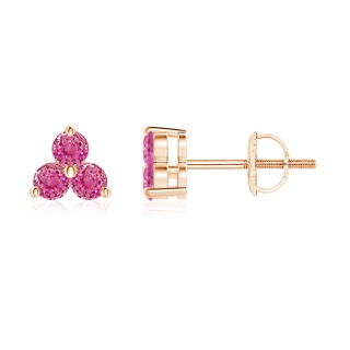 2.5mm AAA Round Pink Sapphire Three Stone Stud Earrings in Rose Gold