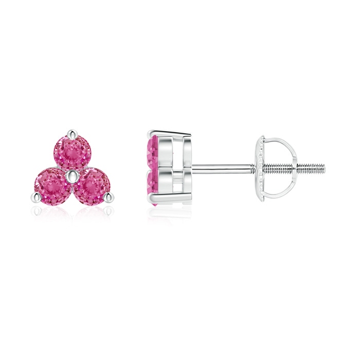2.5mm AAA Round Pink Sapphire Three Stone Stud Earrings in White Gold