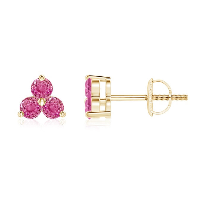 2.5mm AAA Round Pink Sapphire Three Stone Stud Earrings in Yellow Gold 