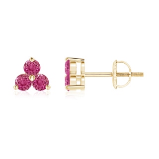 2.5mm AAAA Round Pink Sapphire Three Stone Stud Earrings in Yellow Gold
