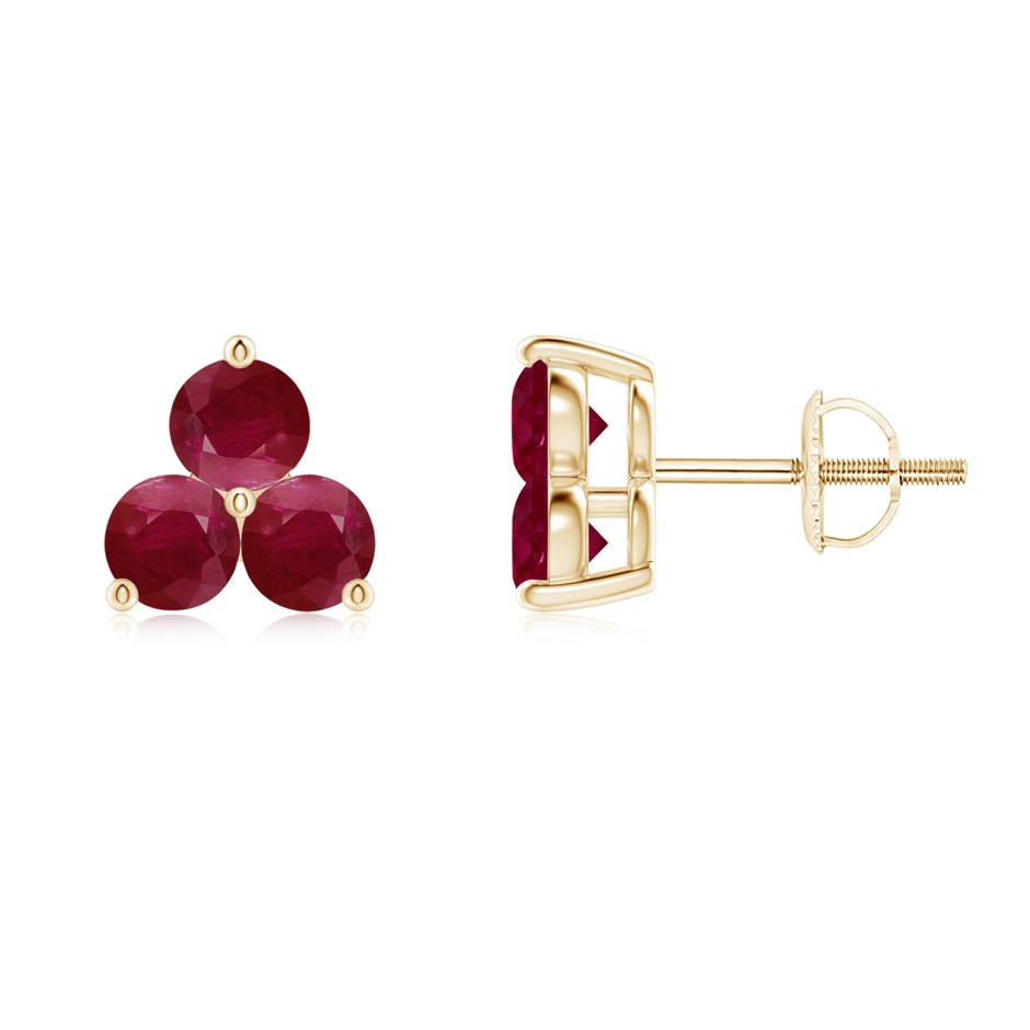 2.5mm A Round Ruby Three Stone Stud Earrings in Yellow Gold 