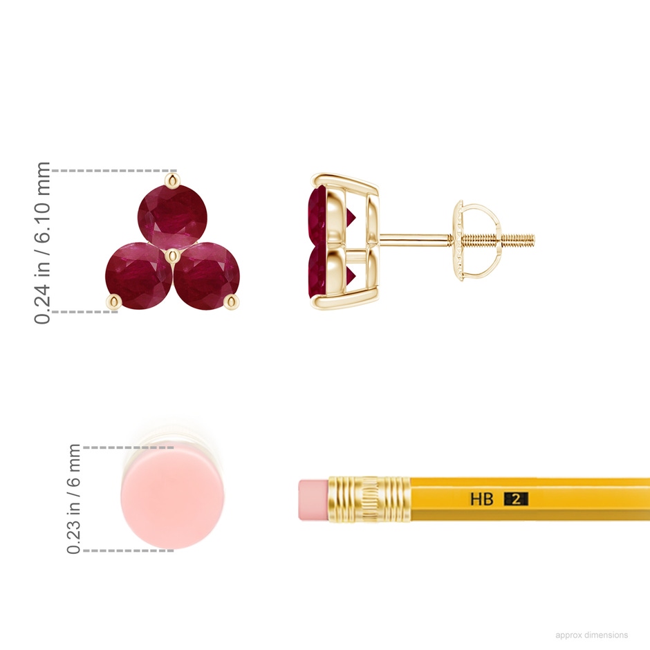 2.5mm A Round Ruby Three Stone Stud Earrings in Yellow Gold ruler