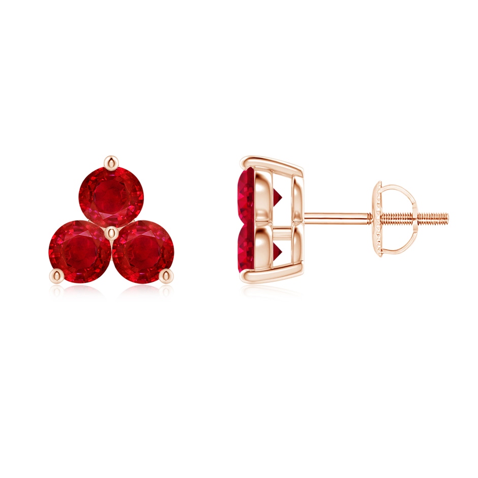 2.5mm AAA Round Ruby Three Stone Stud Earrings in Rose Gold 