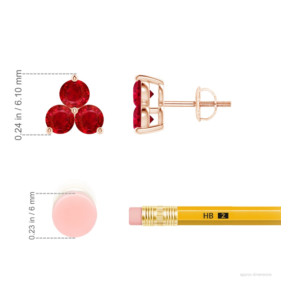 2.5mm AAA Round Ruby Three Stone Stud Earrings in Rose Gold ruler
