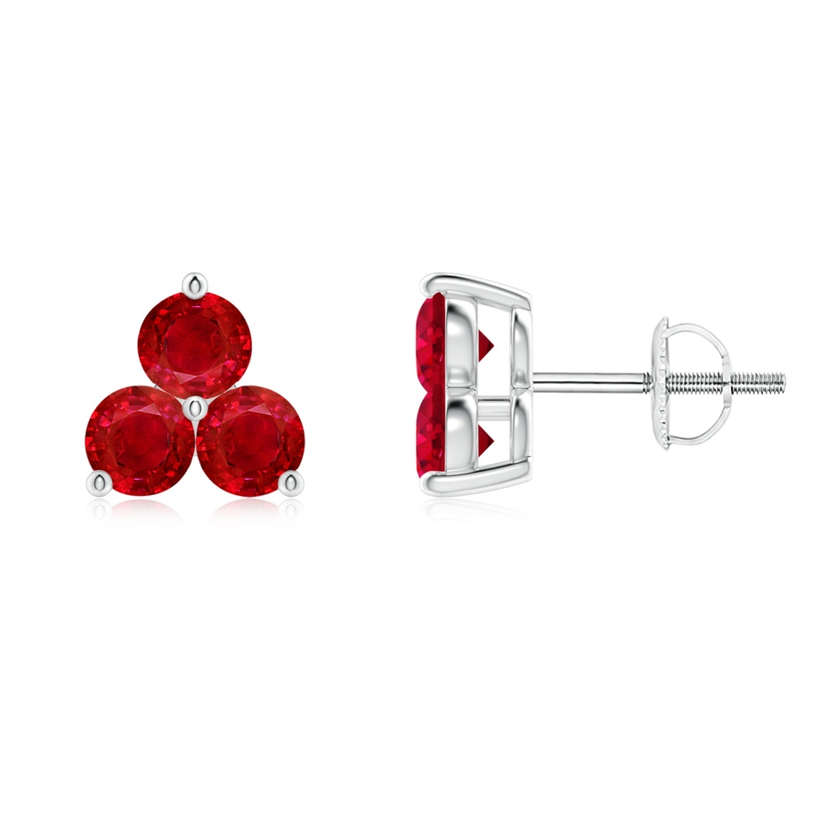 2.5mm AAA Round Ruby Three Stone Stud Earrings in White Gold 