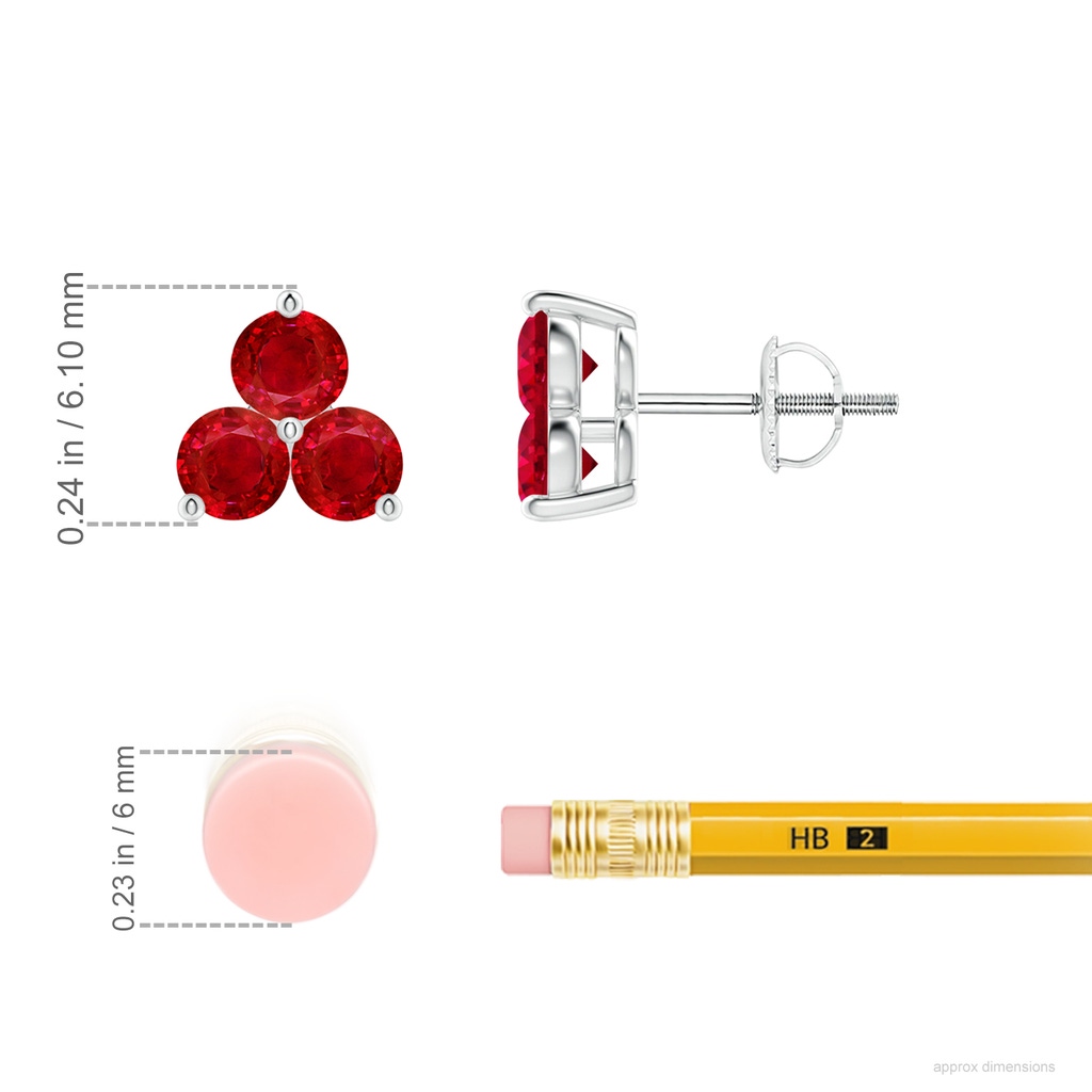 2.5mm AAA Round Ruby Three Stone Stud Earrings in White Gold ruler
