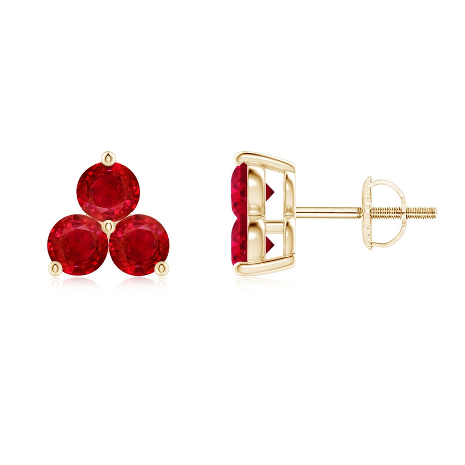 2.5mm AAA Round Ruby Three Stone Stud Earrings in Yellow Gold 