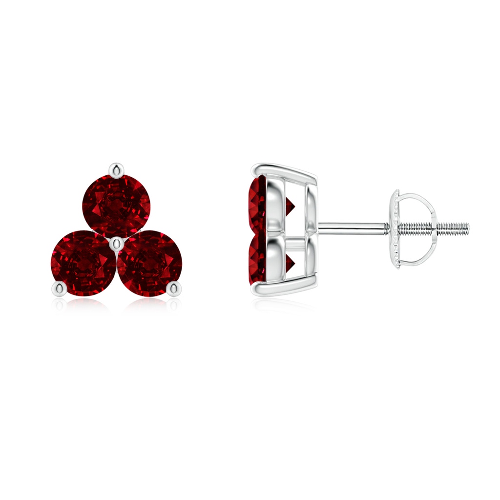 2.5mm AAAA Round Ruby Three Stone Stud Earrings in 18K White Gold