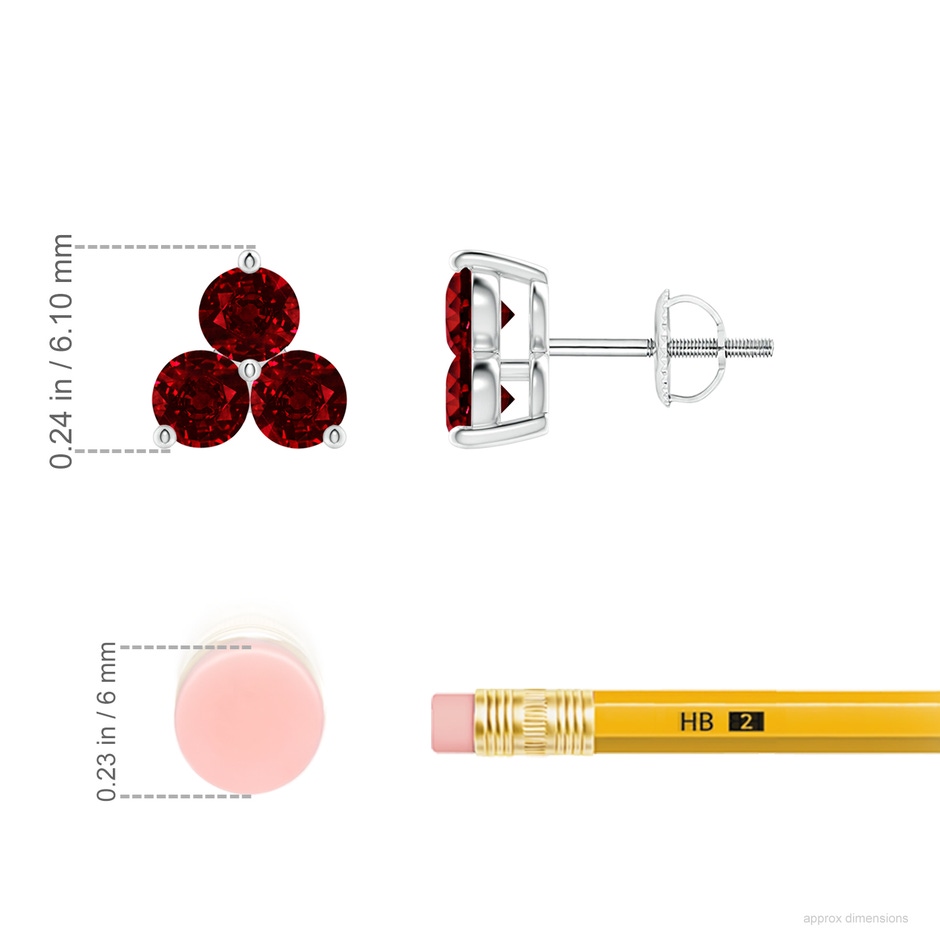 2.5mm AAAA Round Ruby Three Stone Stud Earrings in 18K White Gold ruler