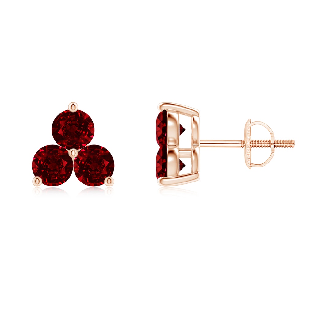 2.5mm AAAA Round Ruby Three Stone Stud Earrings in Rose Gold 