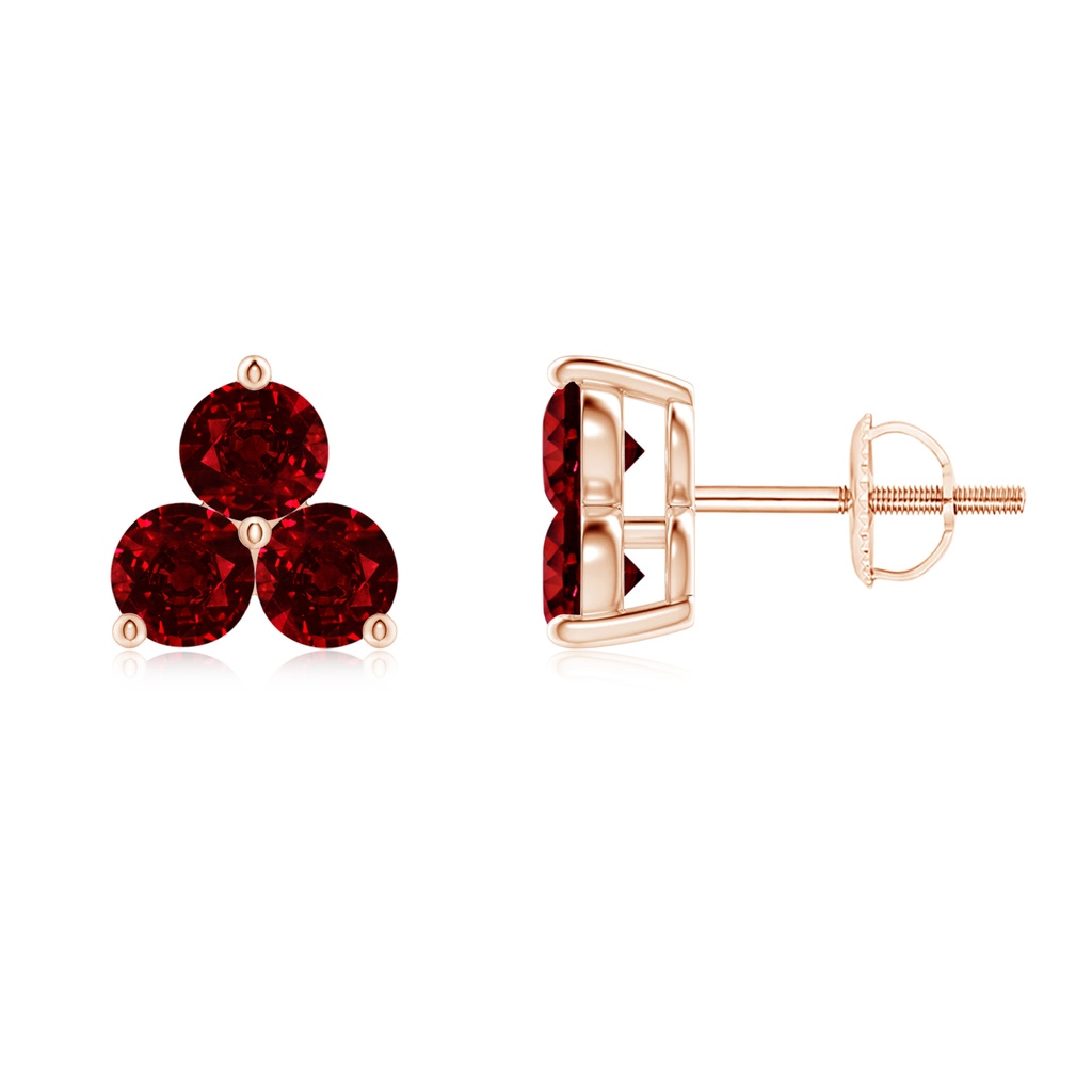 2.5mm AAAA Round Ruby Three Stone Stud Earrings in Rose Gold