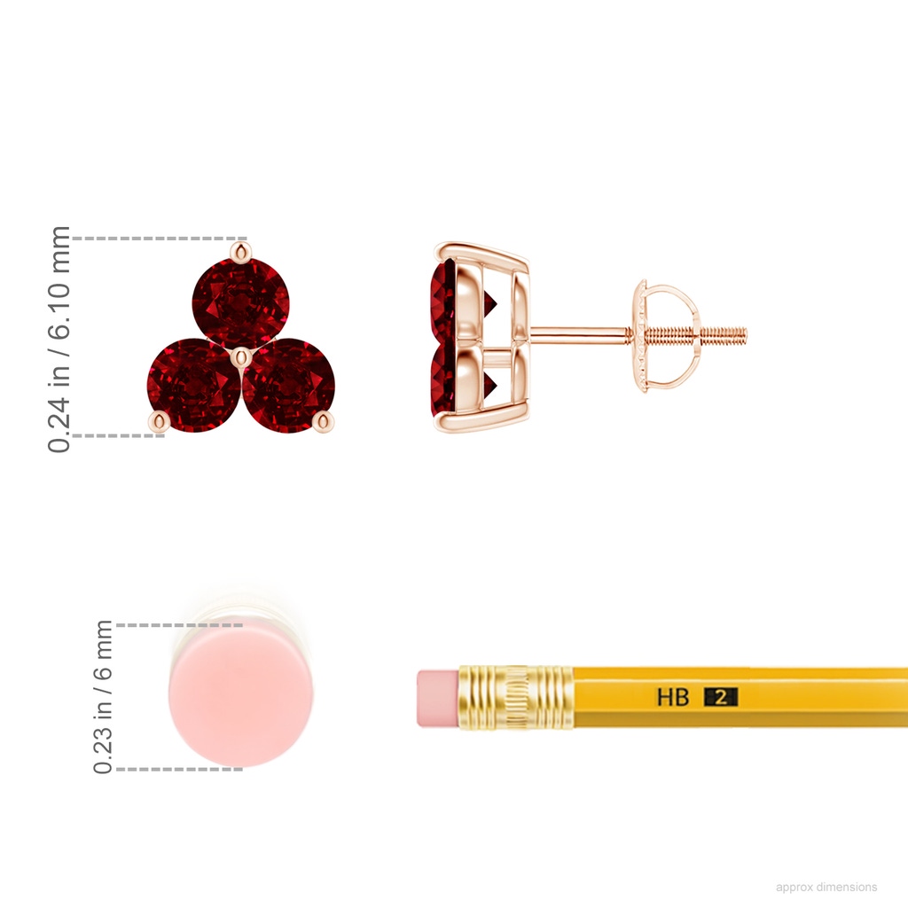 2.5mm AAAA Round Ruby Three Stone Stud Earrings in Rose Gold ruler