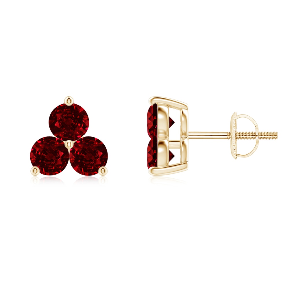2.5mm AAAA Round Ruby Three Stone Stud Earrings in Yellow Gold