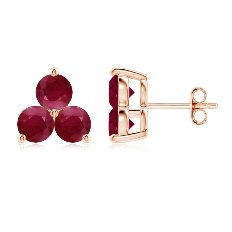 4.5mm A Round Ruby Three Stone Stud Earrings in Rose Gold 