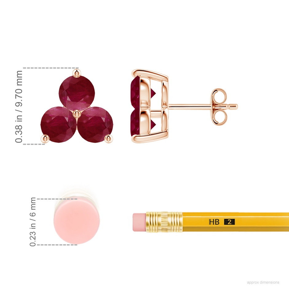 4.5mm A Round Ruby Three Stone Stud Earrings in Rose Gold ruler