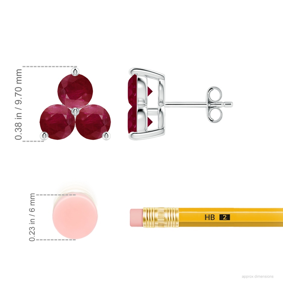 4.5mm A Round Ruby Three Stone Stud Earrings in White Gold ruler