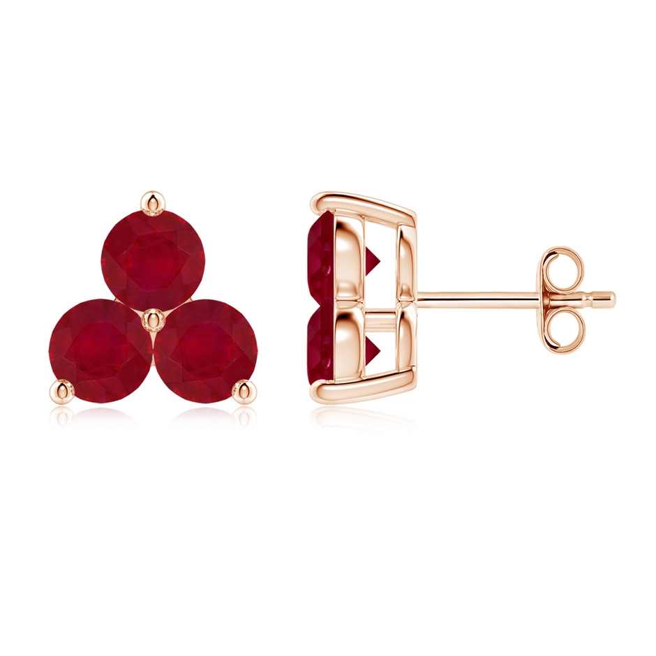 4.5mm AA Round Ruby Three Stone Stud Earrings in Rose Gold 