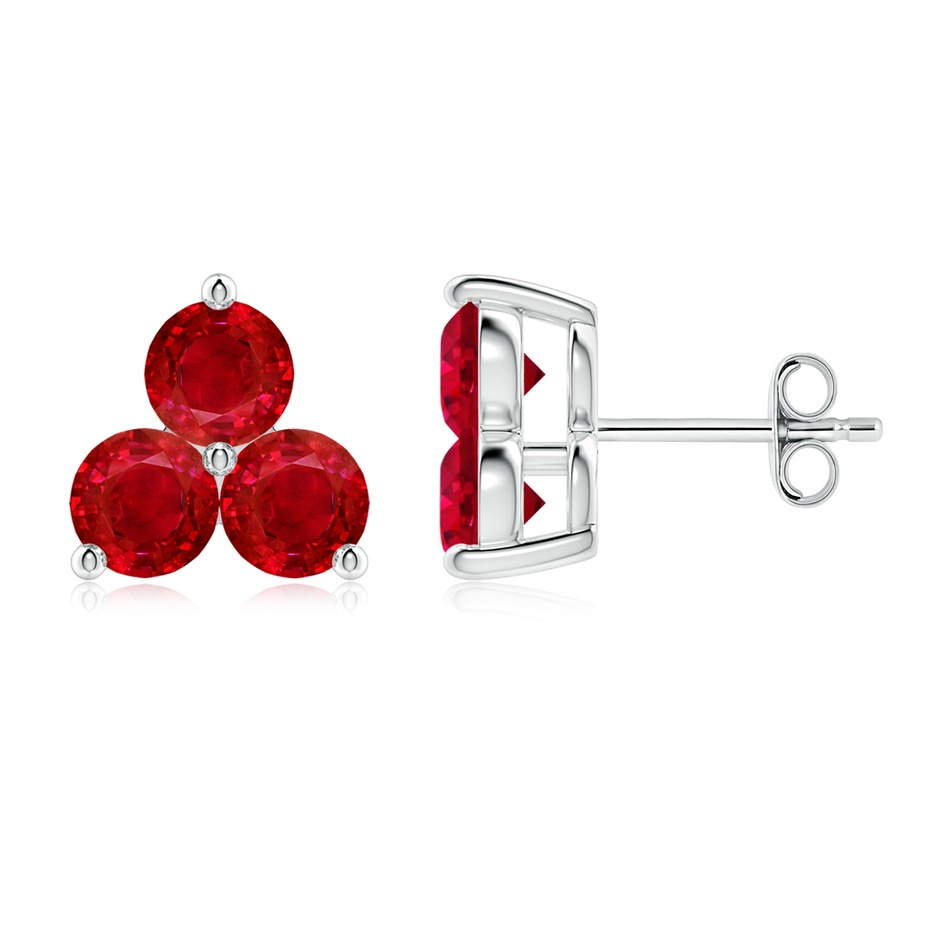 4.5mm AAA Round Ruby Three Stone Stud Earrings in P950 Platinum 