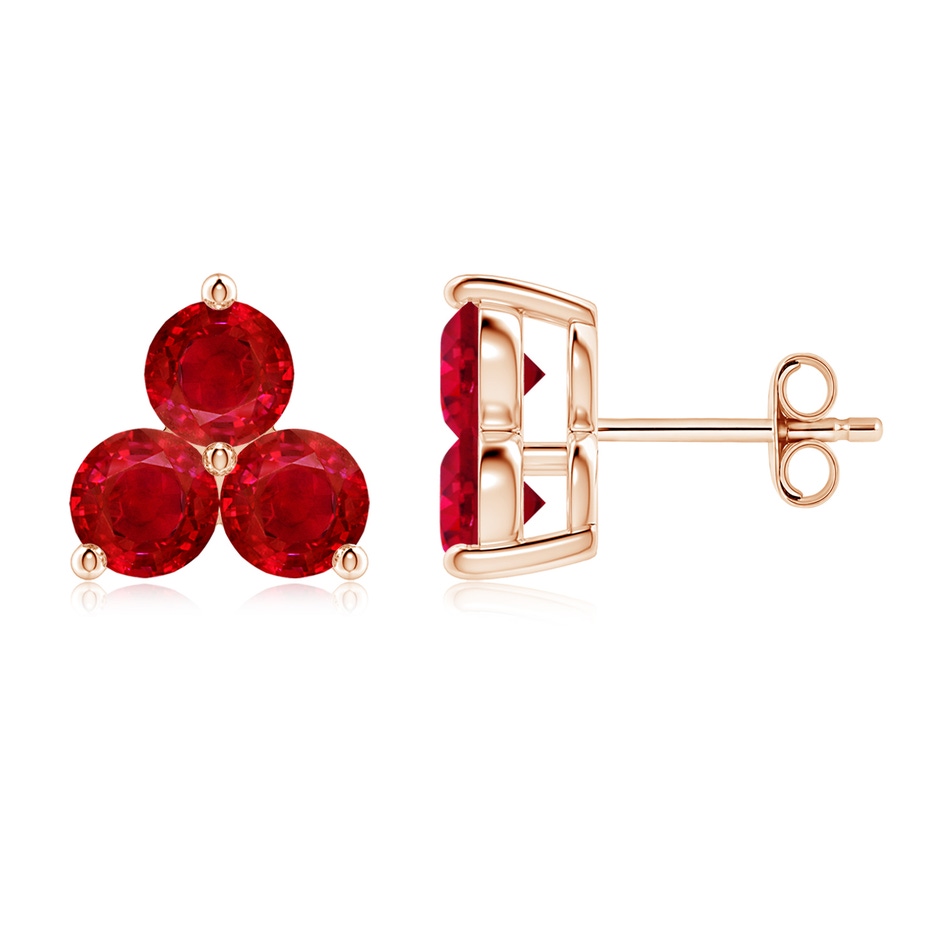 4.5mm AAA Round Ruby Three Stone Stud Earrings in Rose Gold 